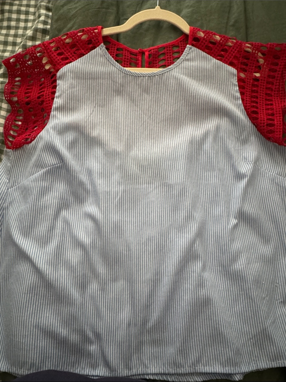 Maeve Blue-Striped Blouse with Red Crochet Sleeves